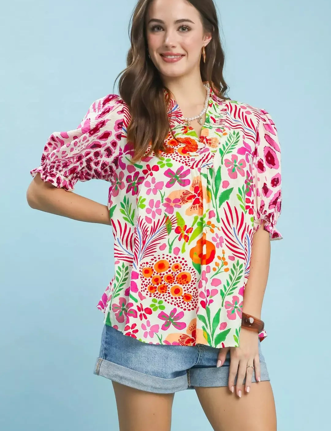 UMGEE V-Neck Ruffle Trim Puff Sleeve Top on Simply Obsessed