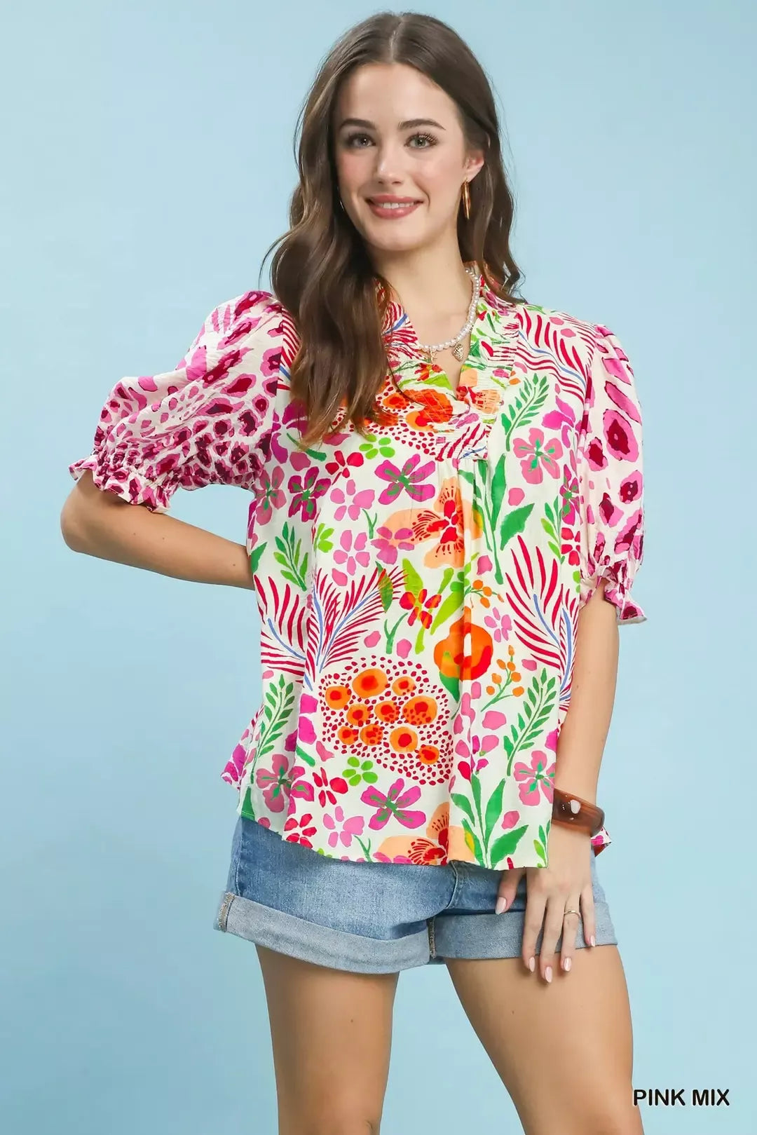 UMGEE V-Neck Ruffle Trim Puff Sleeve Top on Simply Obsessed