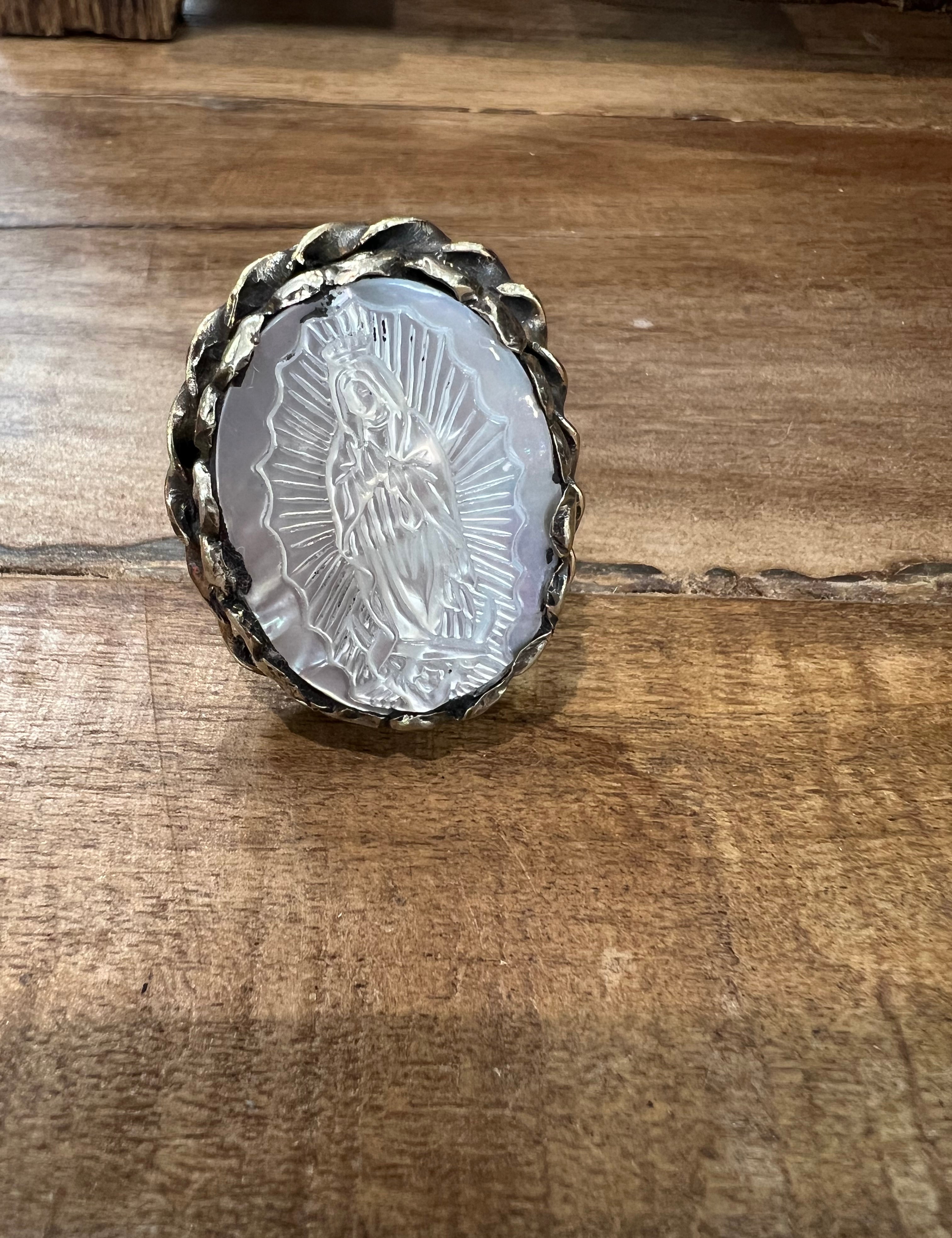 Adjustable Mother of Pearl Virgin Mary Tibetan Silver Ring on Simply Obsessed