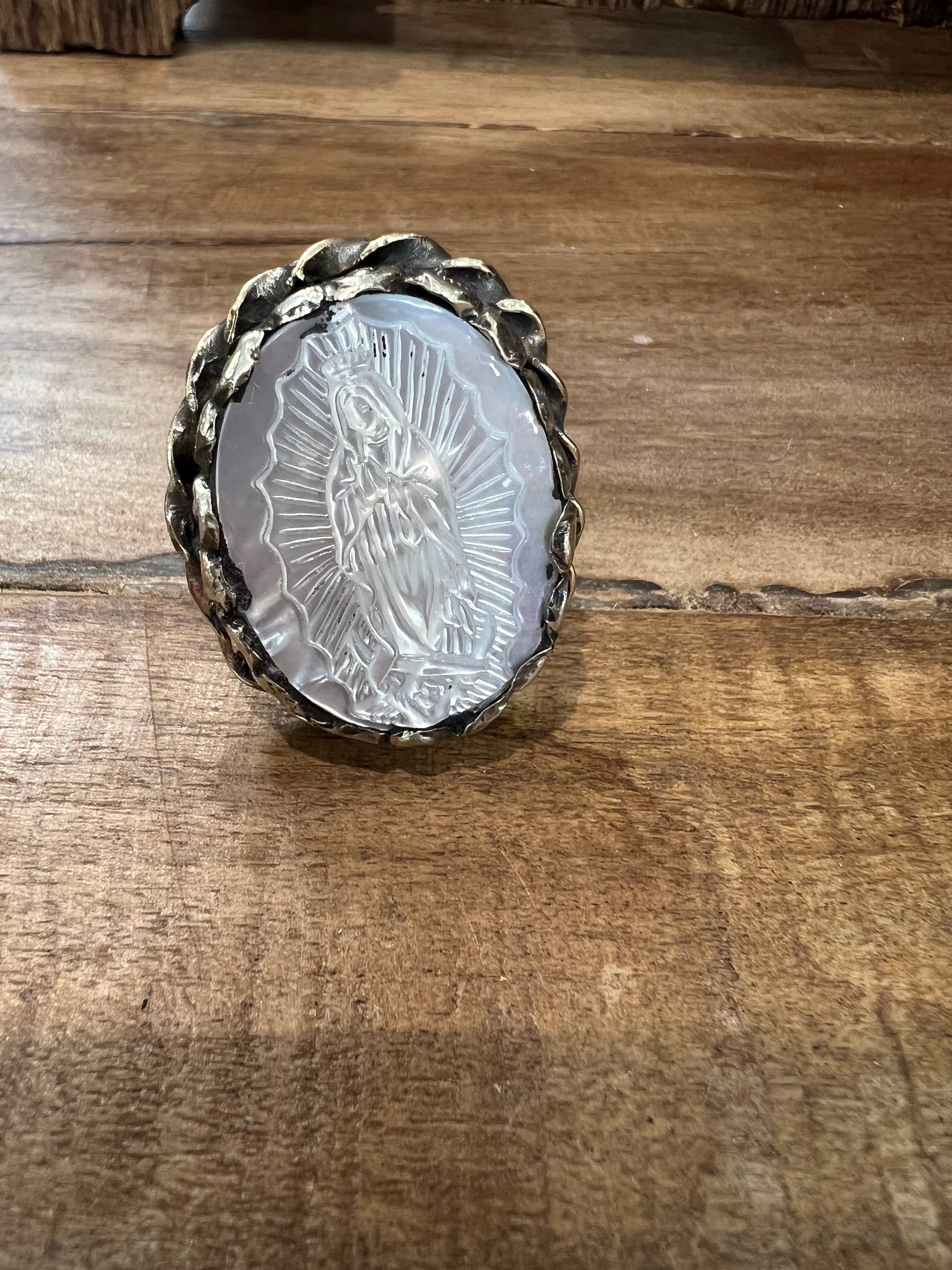 Adjustable Mother of Pearl Virgin Mary Tibetan Silver Ring on Simply Obsessed