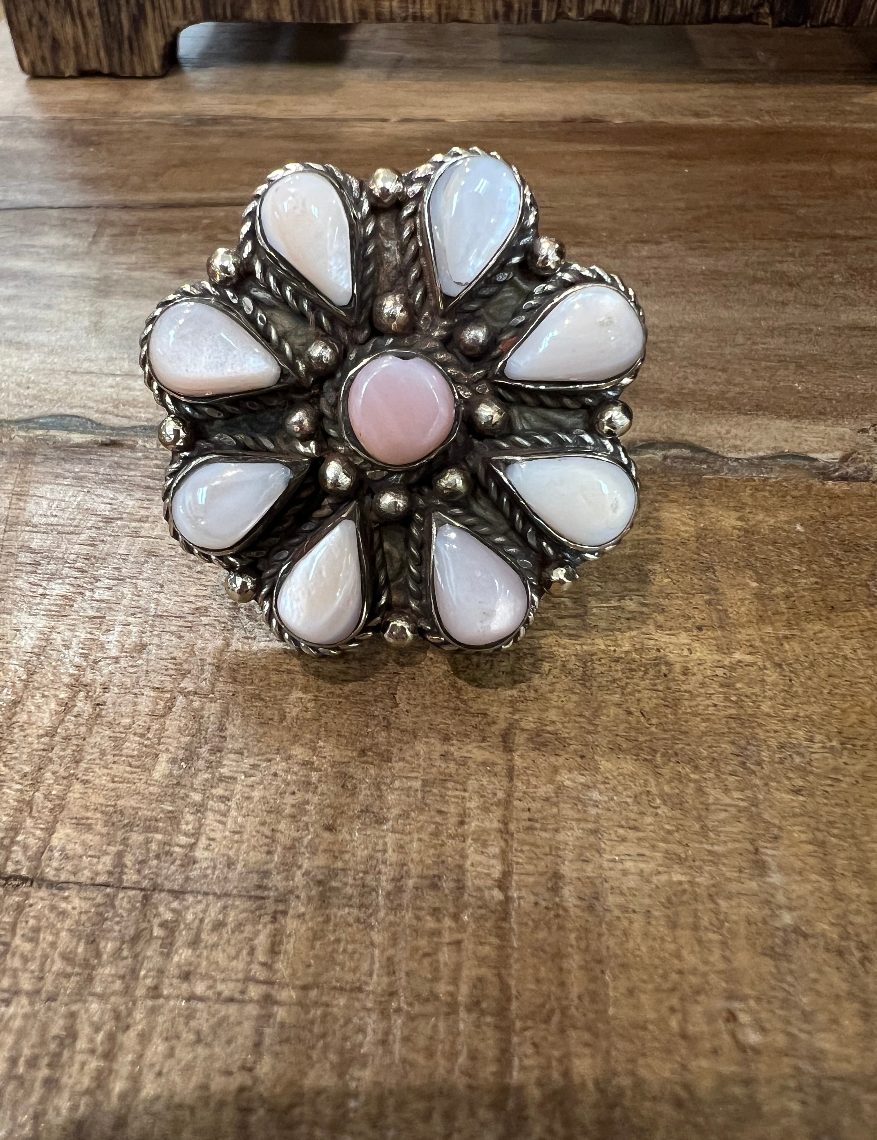 Adjustable Peruvian Pearl & Pink Conch Tibetan Silver Ring on Simply Obsessed
