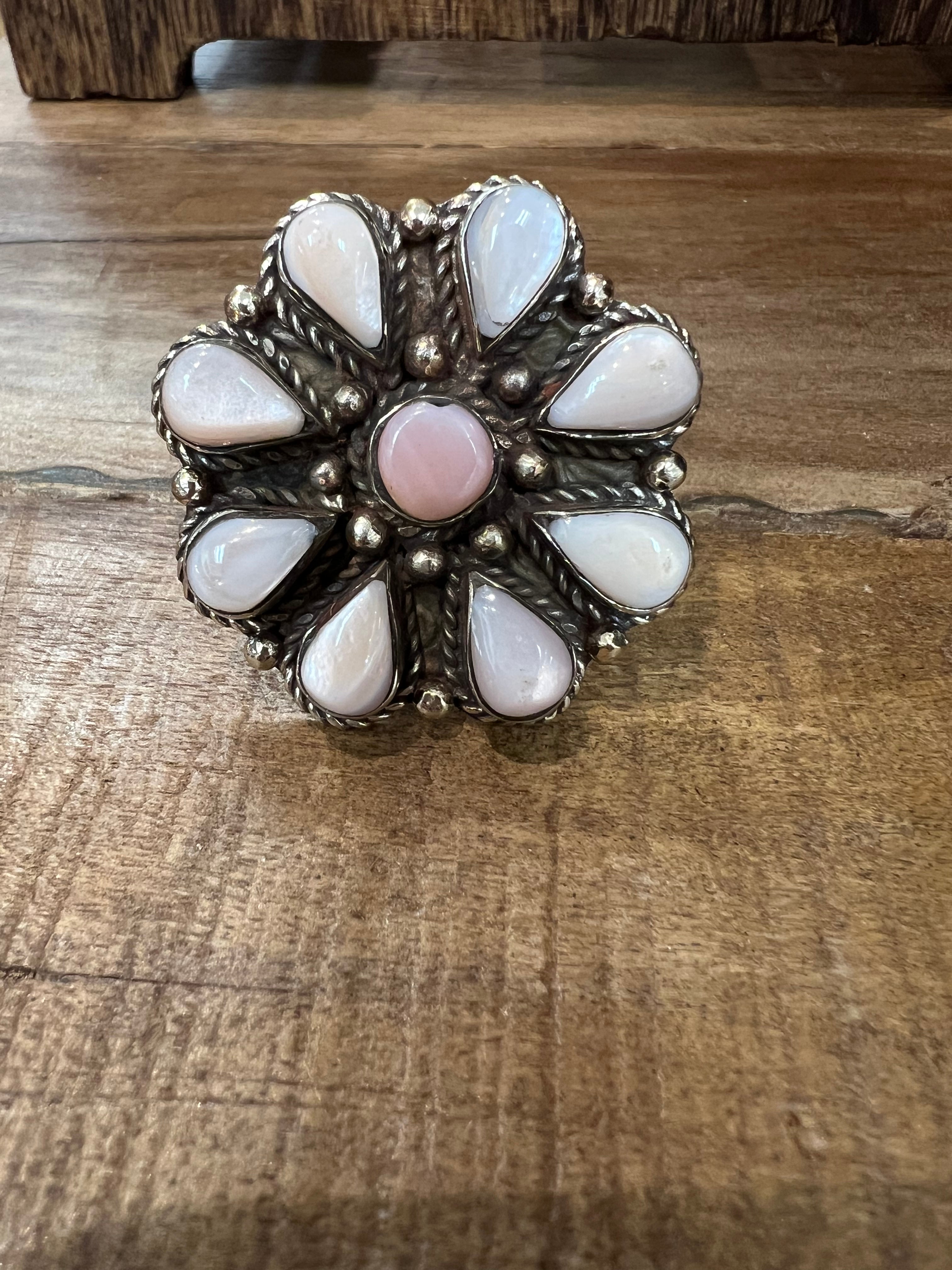 Adjustable Peruvian Pearl & Pink Conch Tibetan Silver Ring on Simply Obsessed