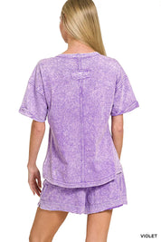 ZENANA Halo Snow Washed Exposed Seam Top & Shorts Set on Simply Obsessed