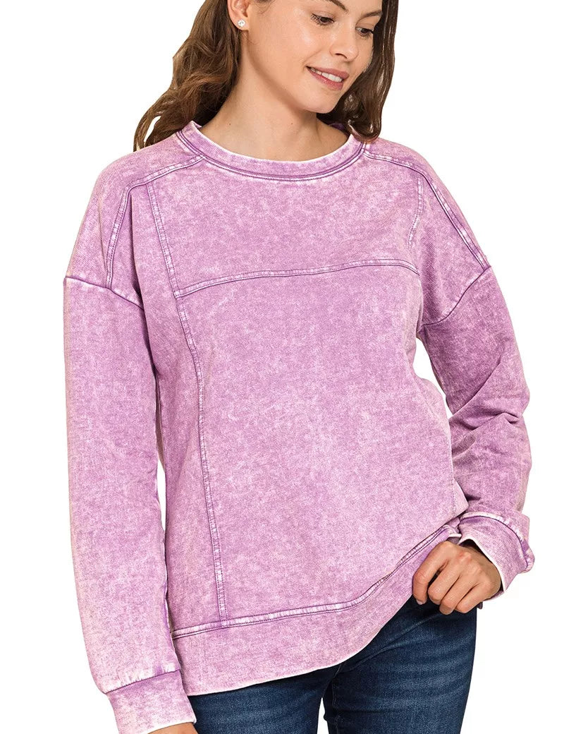 Zenana Acid Wash French Terry Exposed-Seam Pullover on Simply Obsessed
