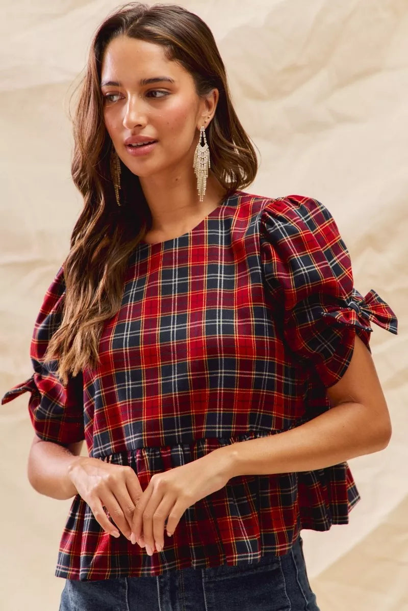 SO ME Christmas Holiday Plaid Ribbon Short Sleeves Top on Simply Obsessed