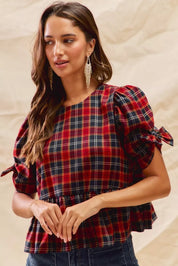 SO ME Christmas Holiday Plaid Ribbon Short Sleeves Top on Simply Obsessed