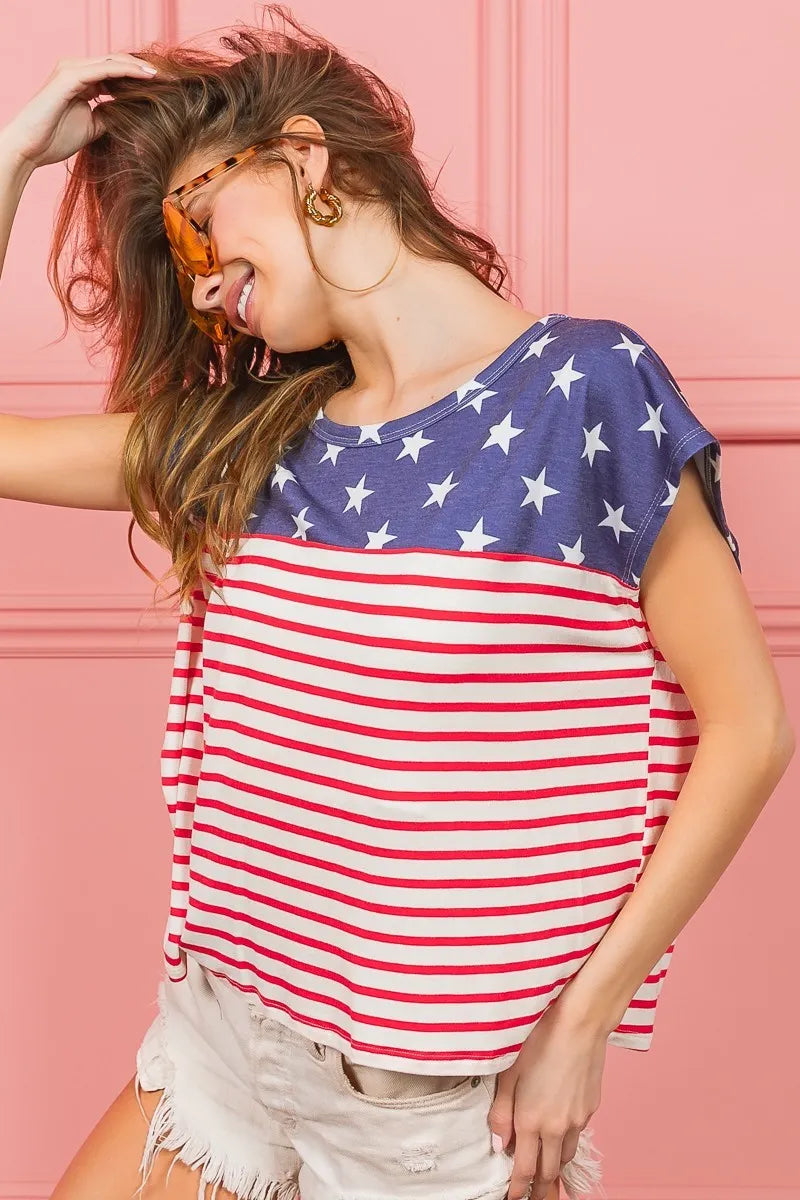 BIBI Star Rpinted with Stripe Combo Top on Simply Obsessed