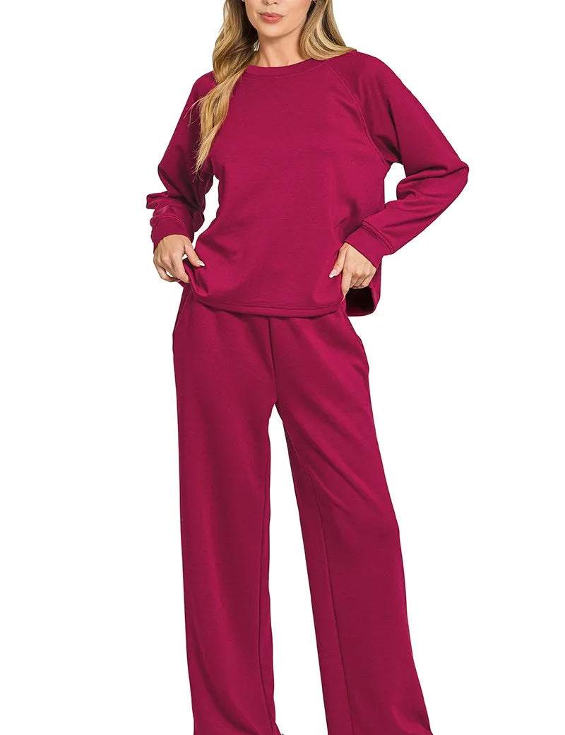 Zenana Scuba Crewneck Sweatshirt and Pants Set on Simply Obsessed