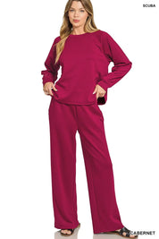 Zenana Scuba Crewneck Sweatshirt and Pants Set on Simply Obsessed