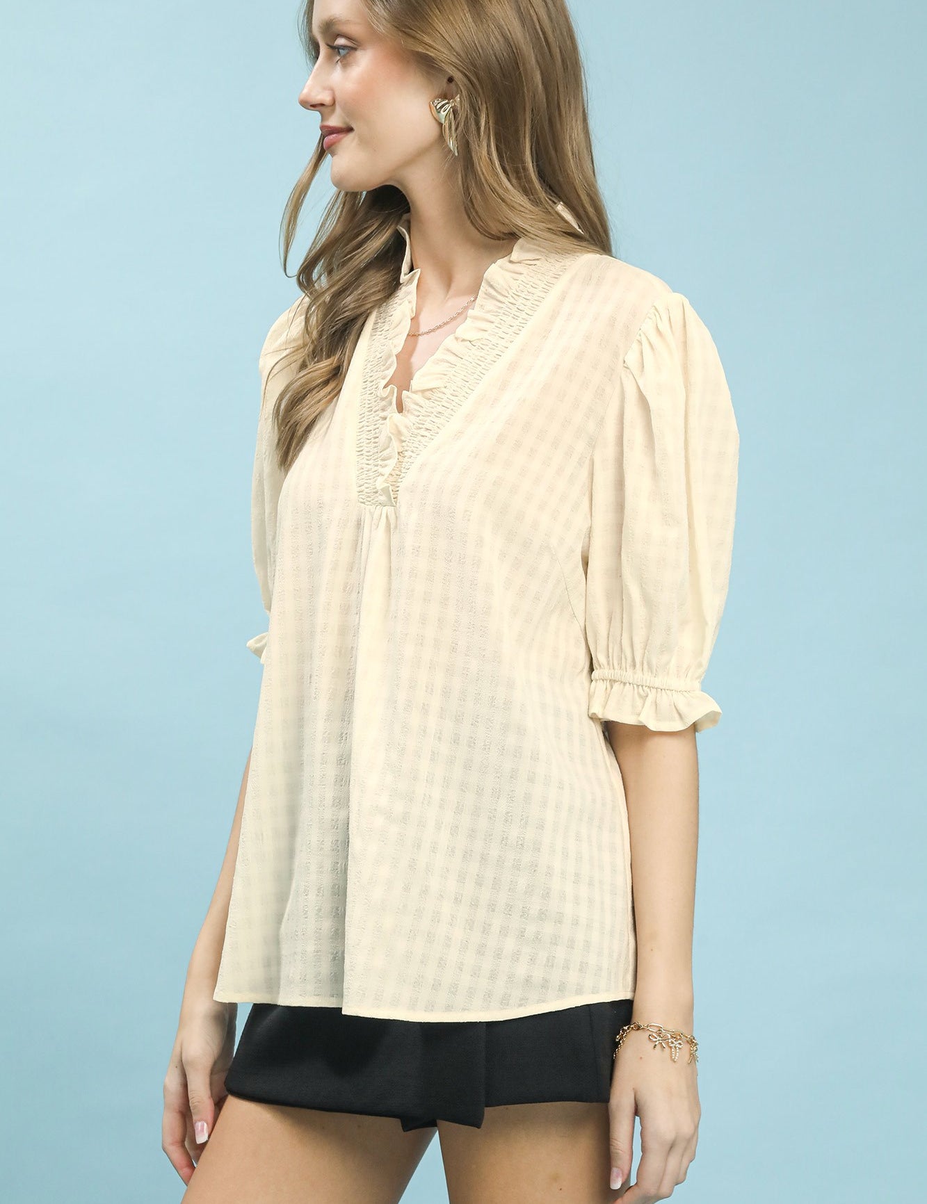 UMGEE Textured Check Ruffle V-Neck Blouse **DEBUT SALE** on Simply Obsessed