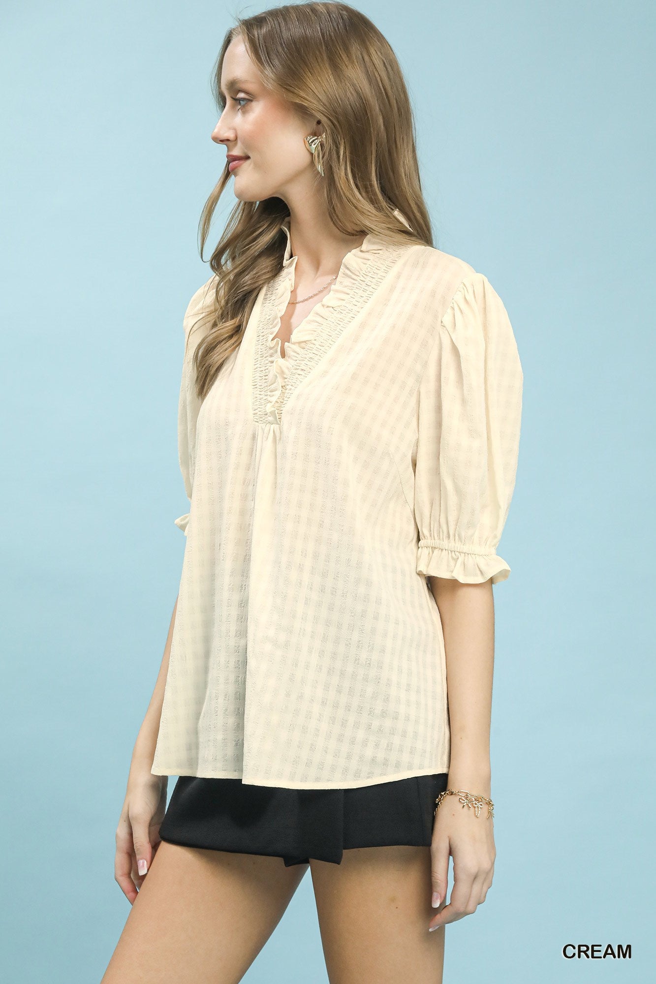 UMGEE Textured Check Ruffle V-Neck Blouse **DEBUT SALE** on Simply Obsessed