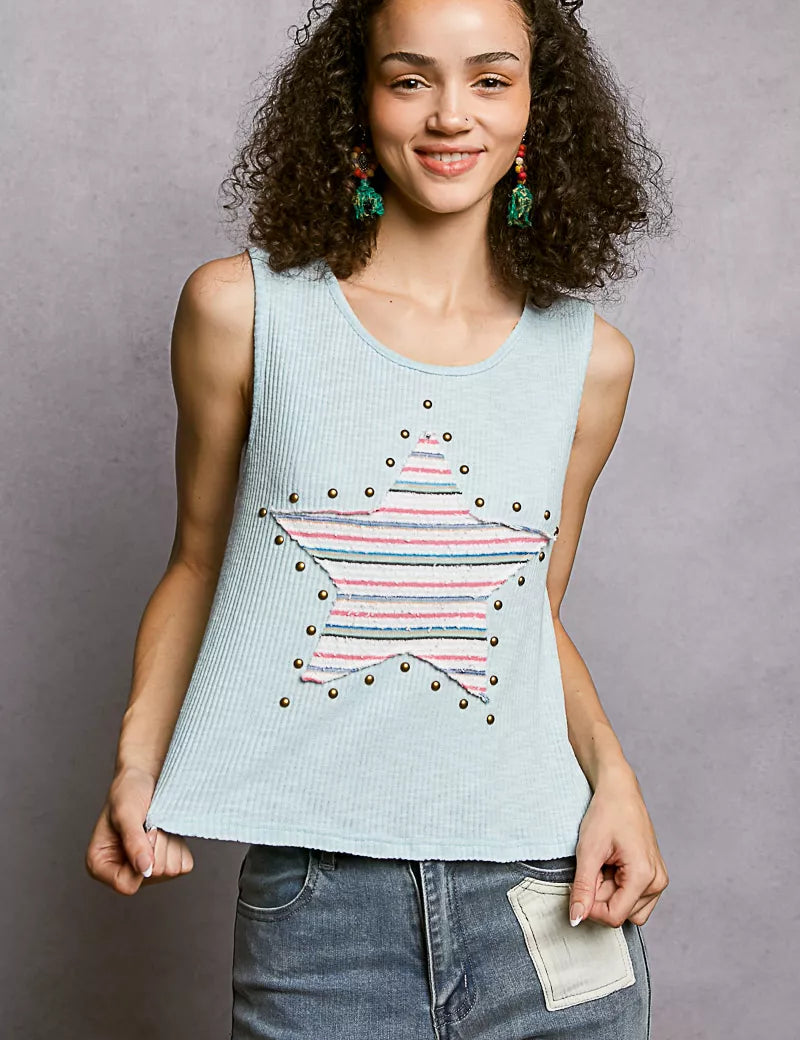 POL Round Neck Stud Point Ribbed Tank with Stripped Star Patch on Simply Obsessed