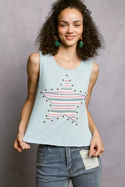 POL Round Neck Stud Point Ribbed Tank with Stripped Star Patch on Simply Obsessed
