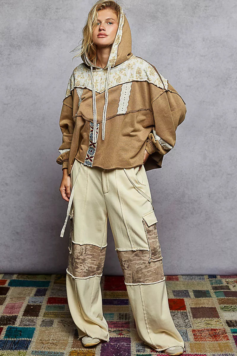 POL Drawstring French Terry Hoodie with Gauze Print Patch. **FALL DEBUT SALE** on Simply Obsessed