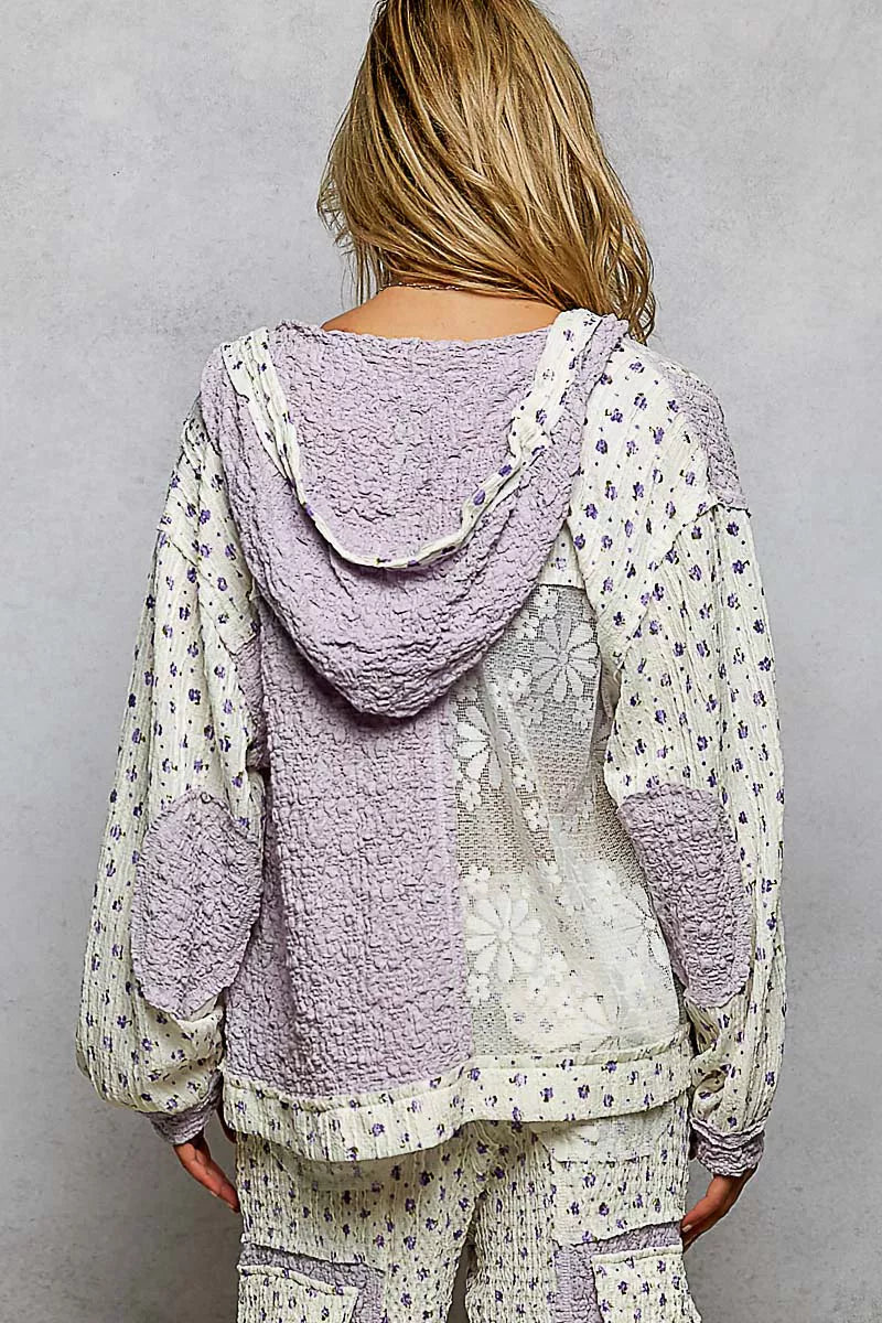 POL Floral Balloon Sleeve Hooded Lace Jacket with Stitch Detail on Simply Obsessed