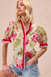 BiBi Floral Printed Woven Contrast Edge Ruffled Blouse on Simply Obsessed