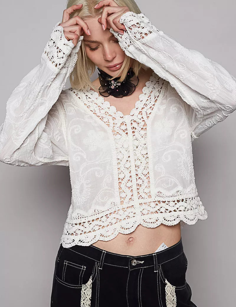 POL Long Sleeve Cropped Crochet Top with Floral Embroidery Detail on Simply Obsessed