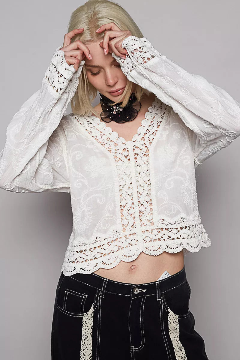 POL Long Sleeve Cropped Crochet Top with Floral Embroidery Detail on Simply Obsessed