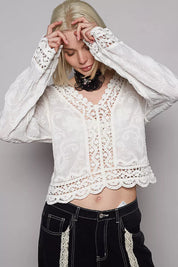 POL Long Sleeve Cropped Crochet Top with Floral Embroidery Detail on Simply Obsessed