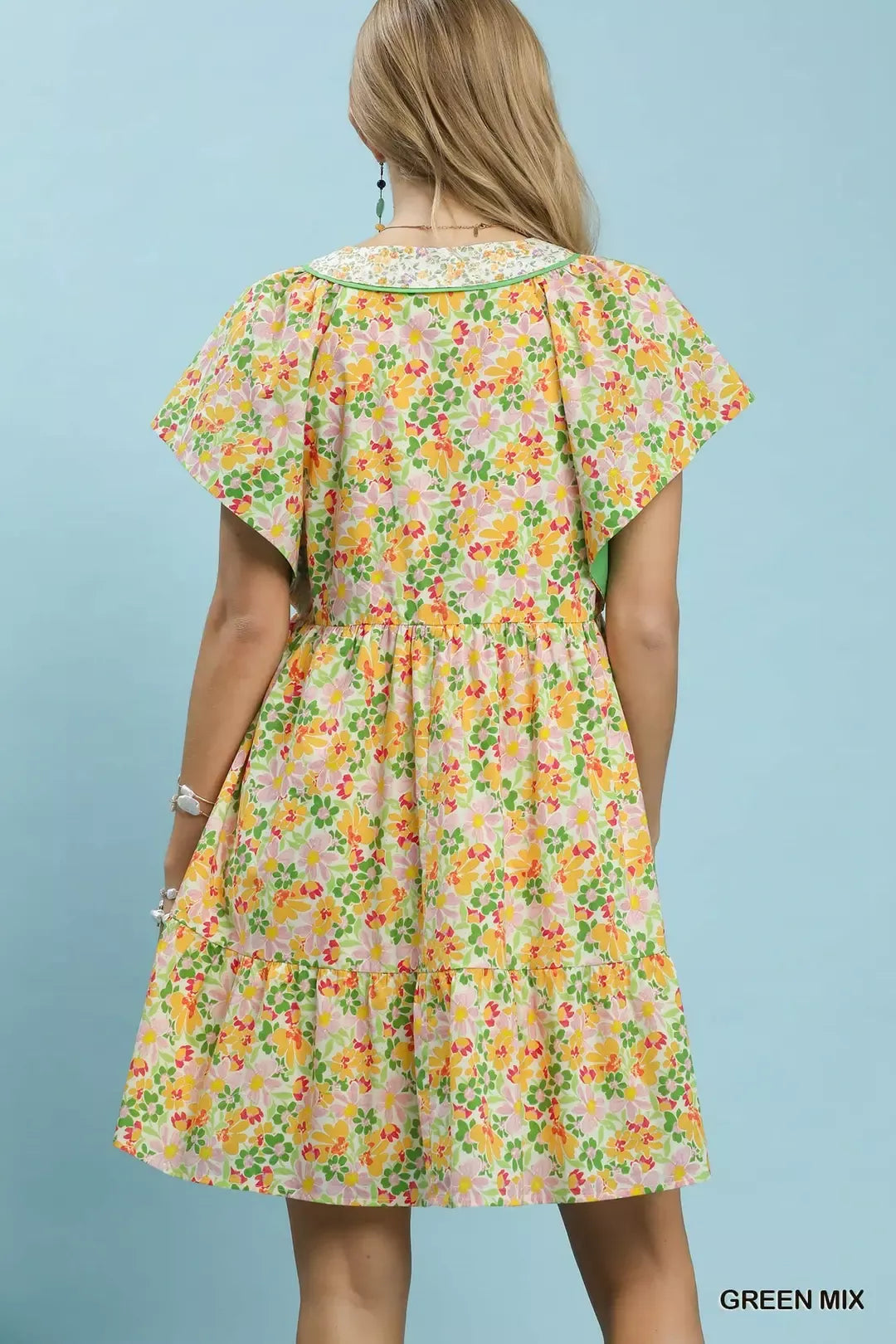 UMGEE Mix Floral Tiered Mini Dress with Side Pockets on Simply Obsessed
