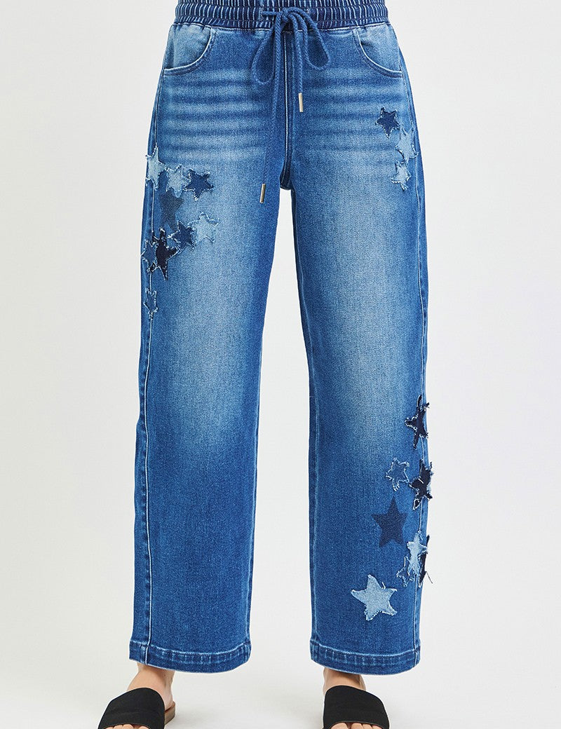 RISEN Elastic Band Slouchy Cropped Barrel with Star Patch on Simply Obsessed