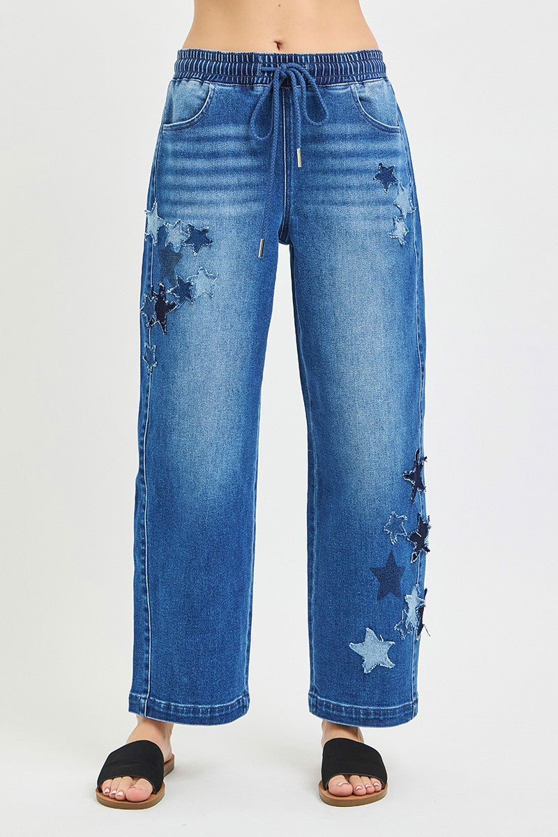 RISEN Elastic Band Slouchy Cropped Barrel with Star Patch on Simply Obsessed