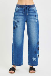 RISEN Elastic Band Slouchy Cropped Barrel with Star Patch on Simply Obsessed