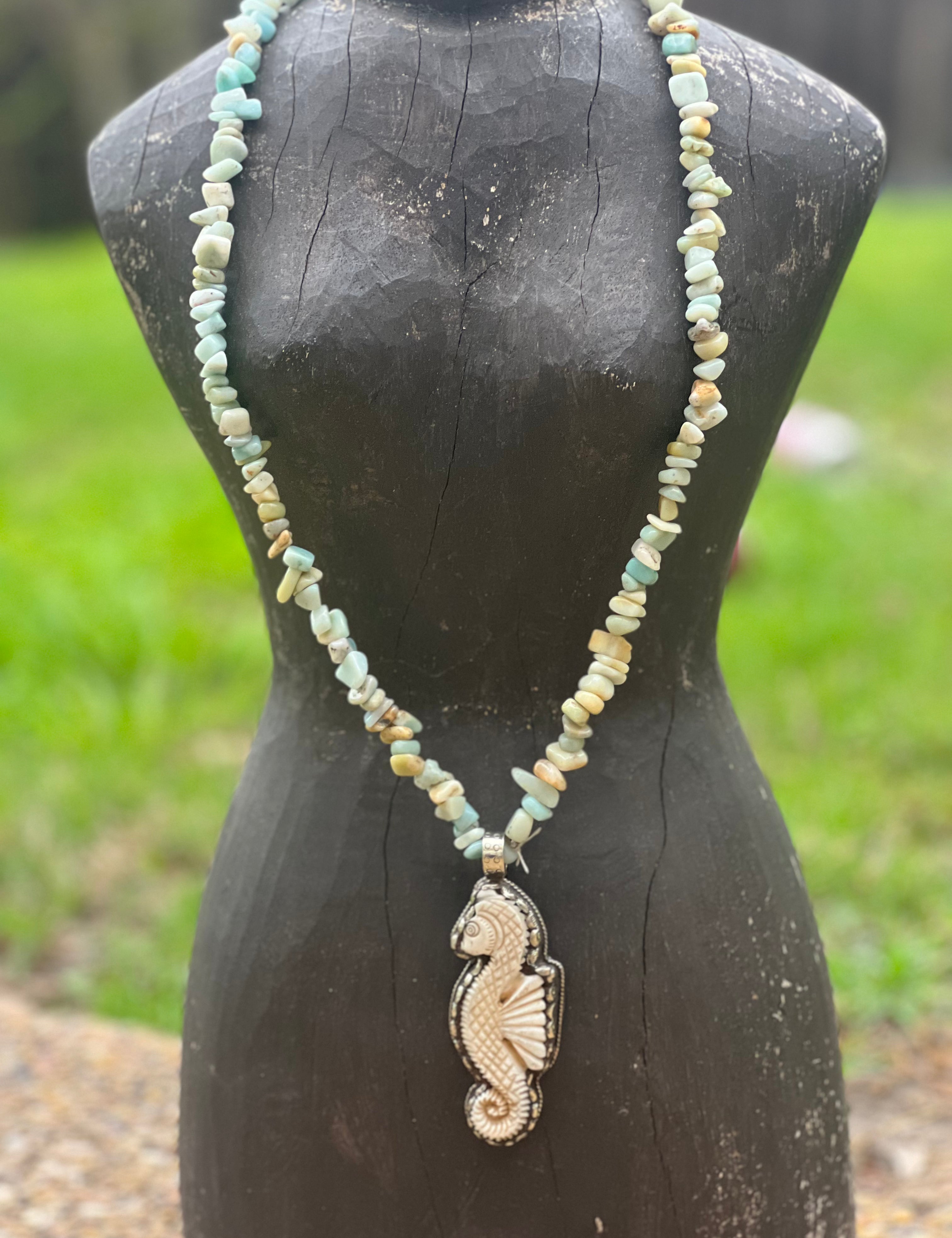 Amazonite Chip Carved Tusk Tibetan Silver Seahorse OOAK Necklace on Simply Obsessed