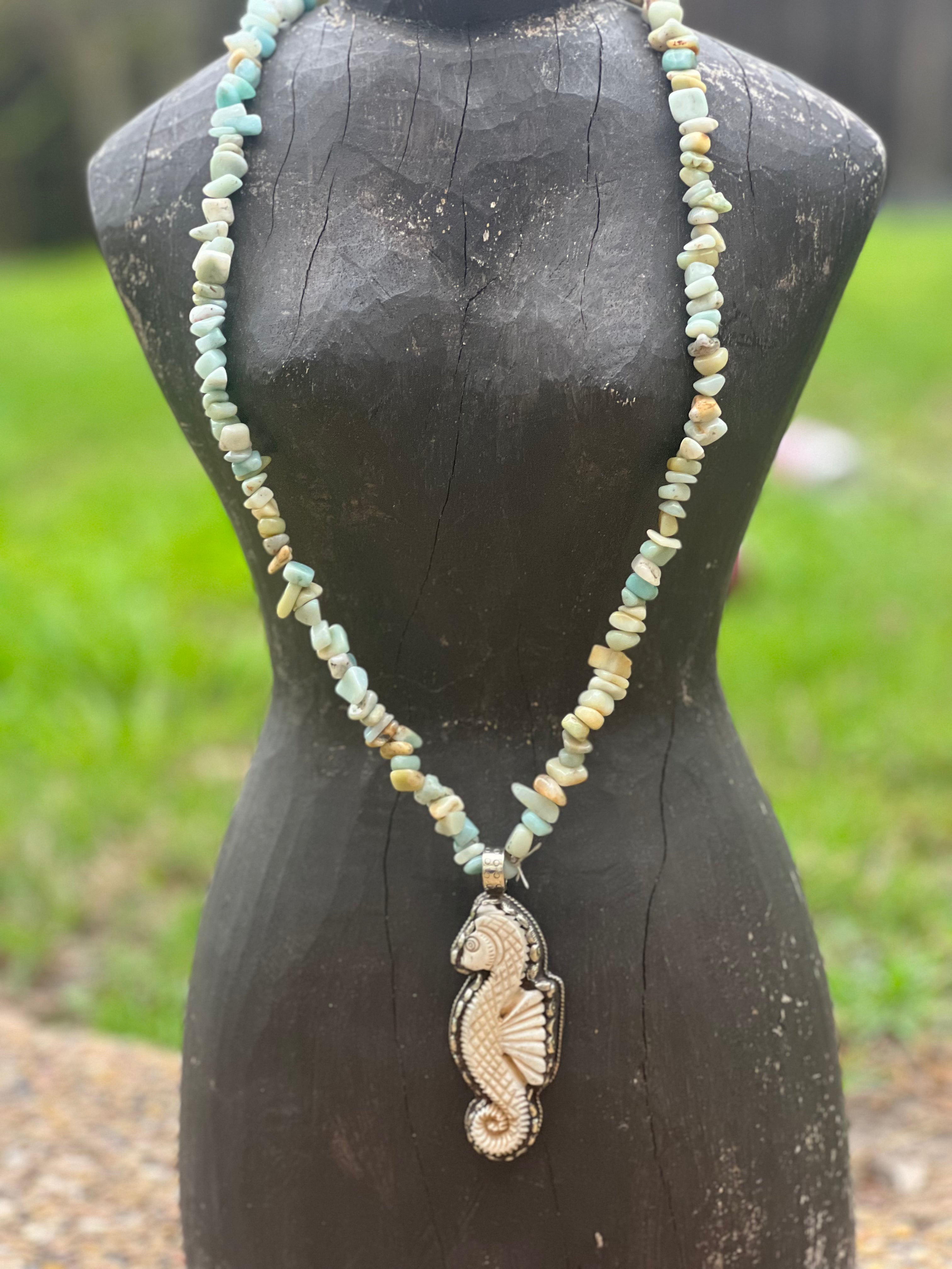 Amazonite Chip Carved Tusk Tibetan Silver Seahorse OOAK Necklace on Simply Obsessed