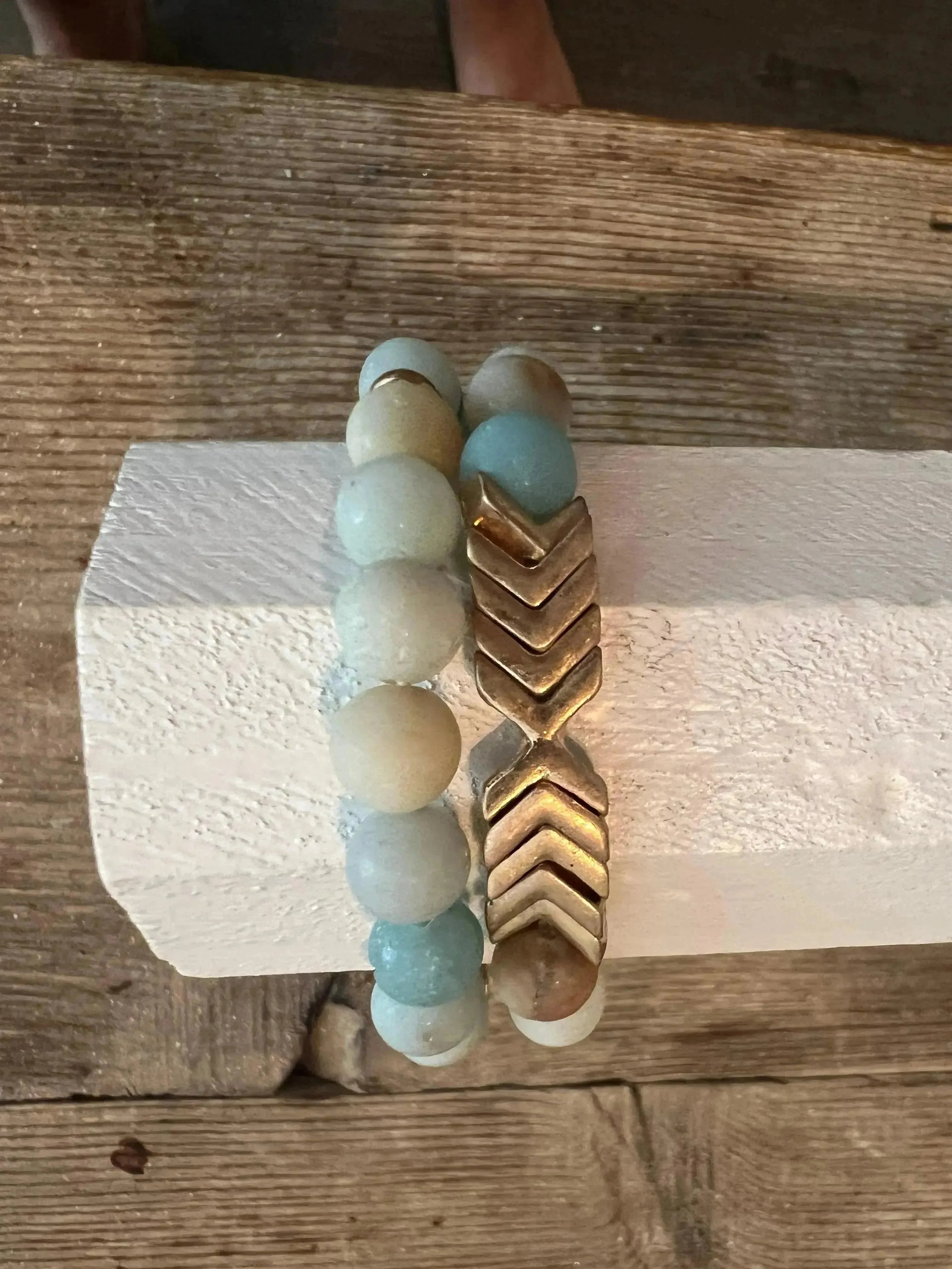 Amazonite Stretchy Bracelet w/ Brass Arrows on Simply Obsessed