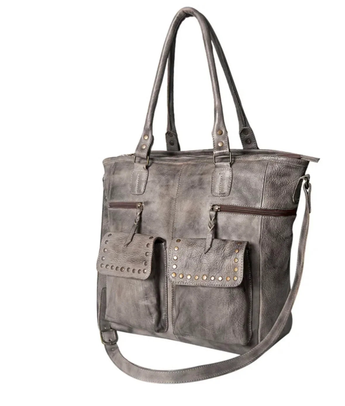 AMERICAN DARLING Grey Genuine Leather Studded Tote Bag on Simply Obsessed
