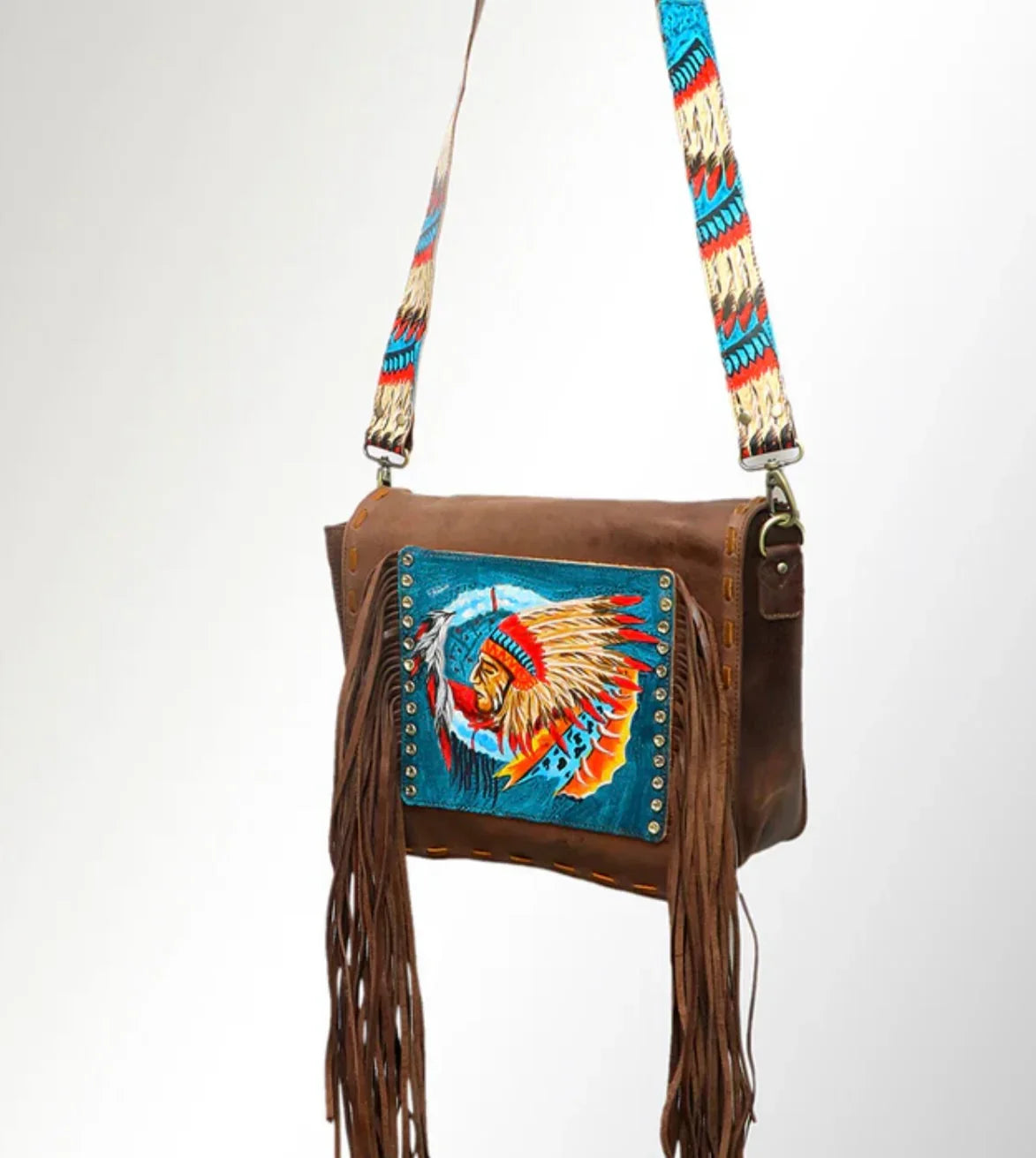 AMERICAN DARLING Indian Head Genuine Leather Fringe Crossbody on Simply Obsessed
