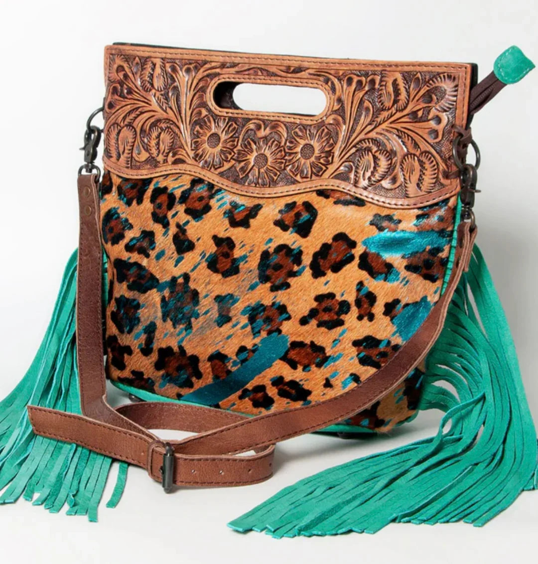 AMERICAN DARLING Leopard Blue Fringe Genuine Leather Crossbody on Simply Obsessed