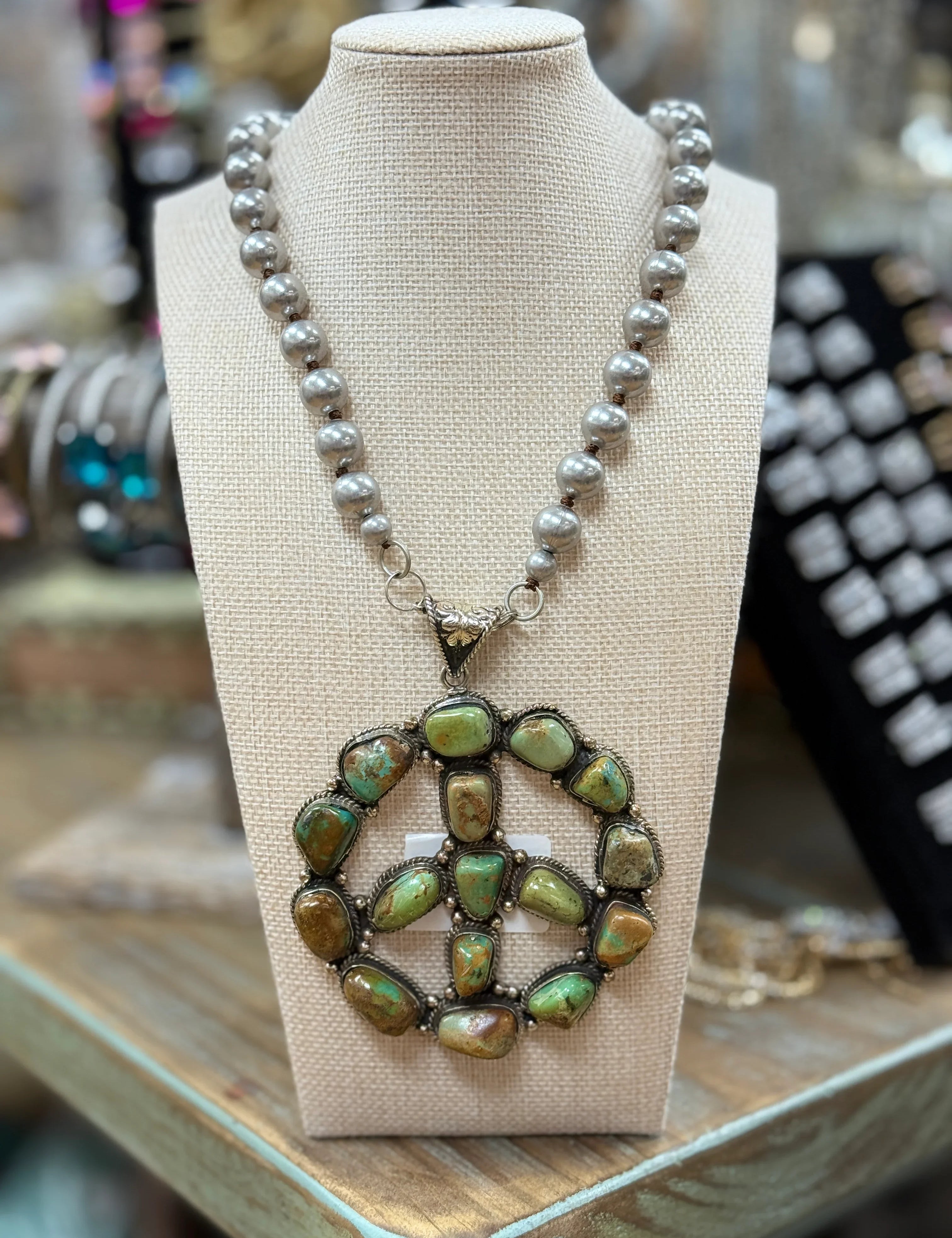 ATG Navajo Pearl Turquoise Tibetan Silver Peace Sign on Simply Obsessed