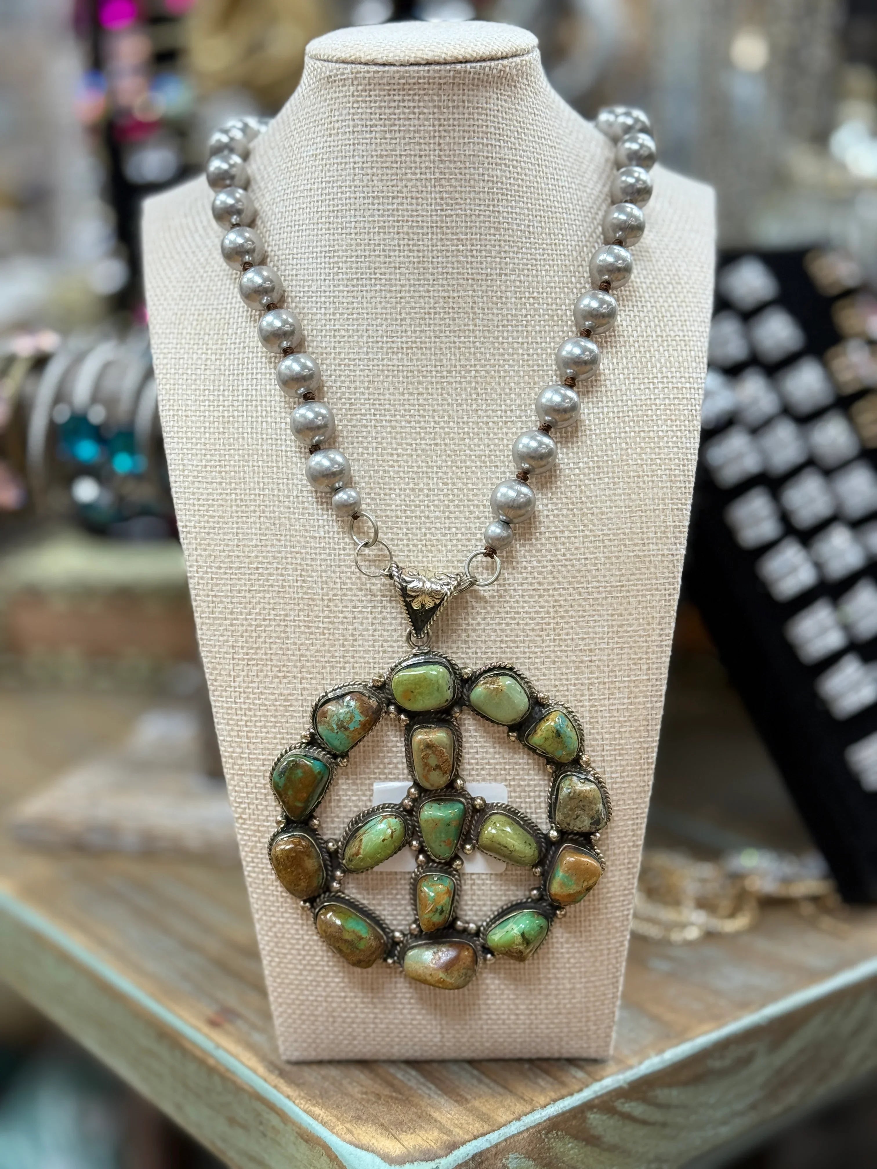 ATG Navajo Pearl Turquoise Tibetan Silver Peace Sign on Simply Obsessed