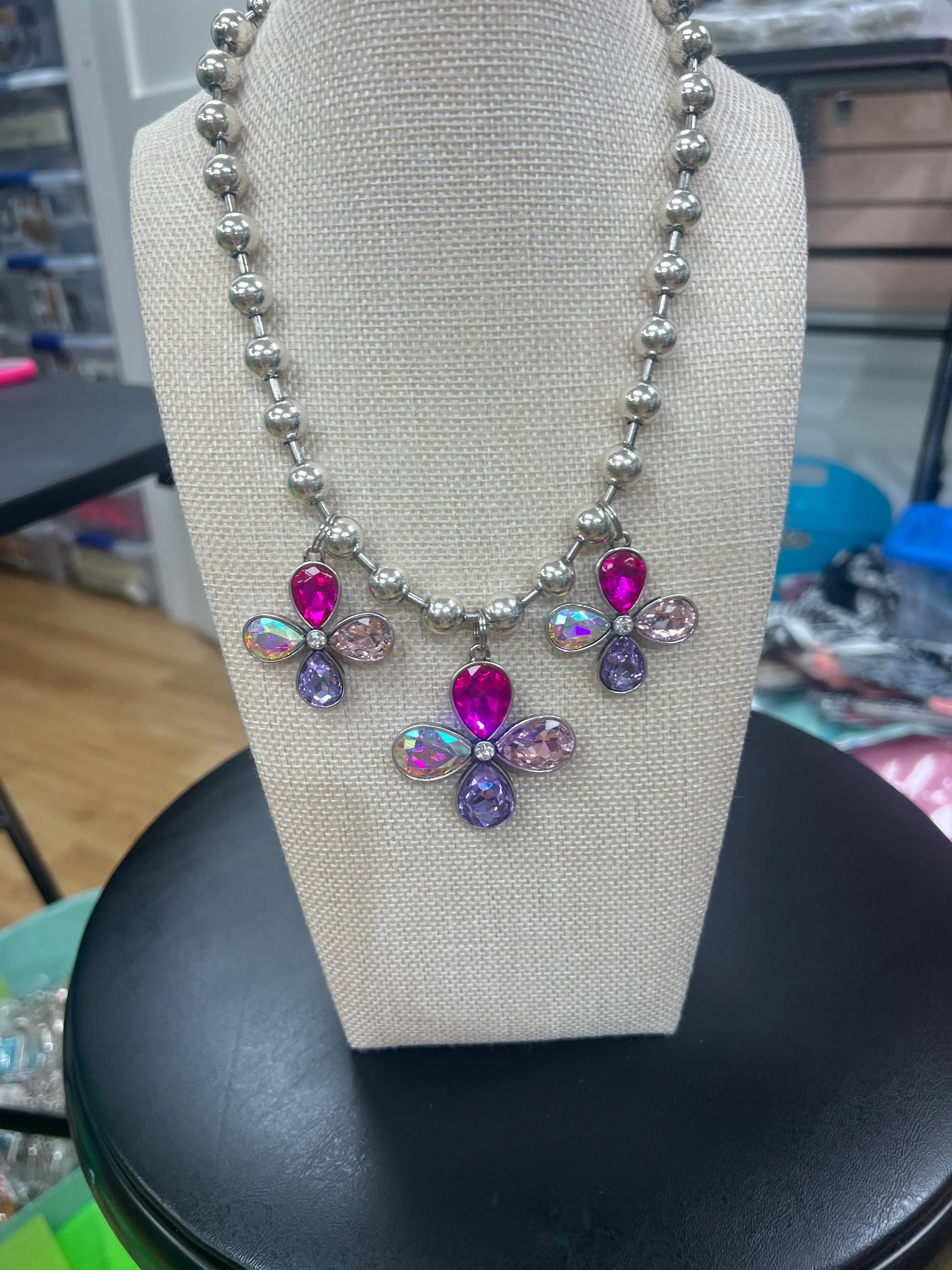 ATG Silver Ball Chain Purple/Pink Flower Charm Necklace on Simply Obsessed