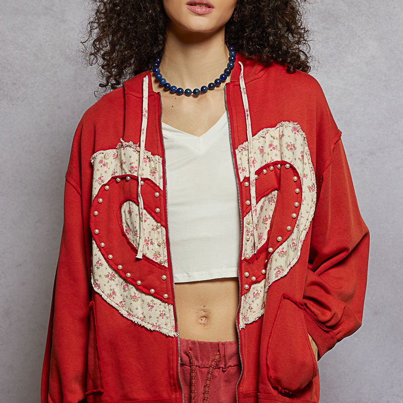 POL French Terry Long Sleeve Patch Zip Up Hoodie Knit Jacket-TOMATO on Simply Obsessed