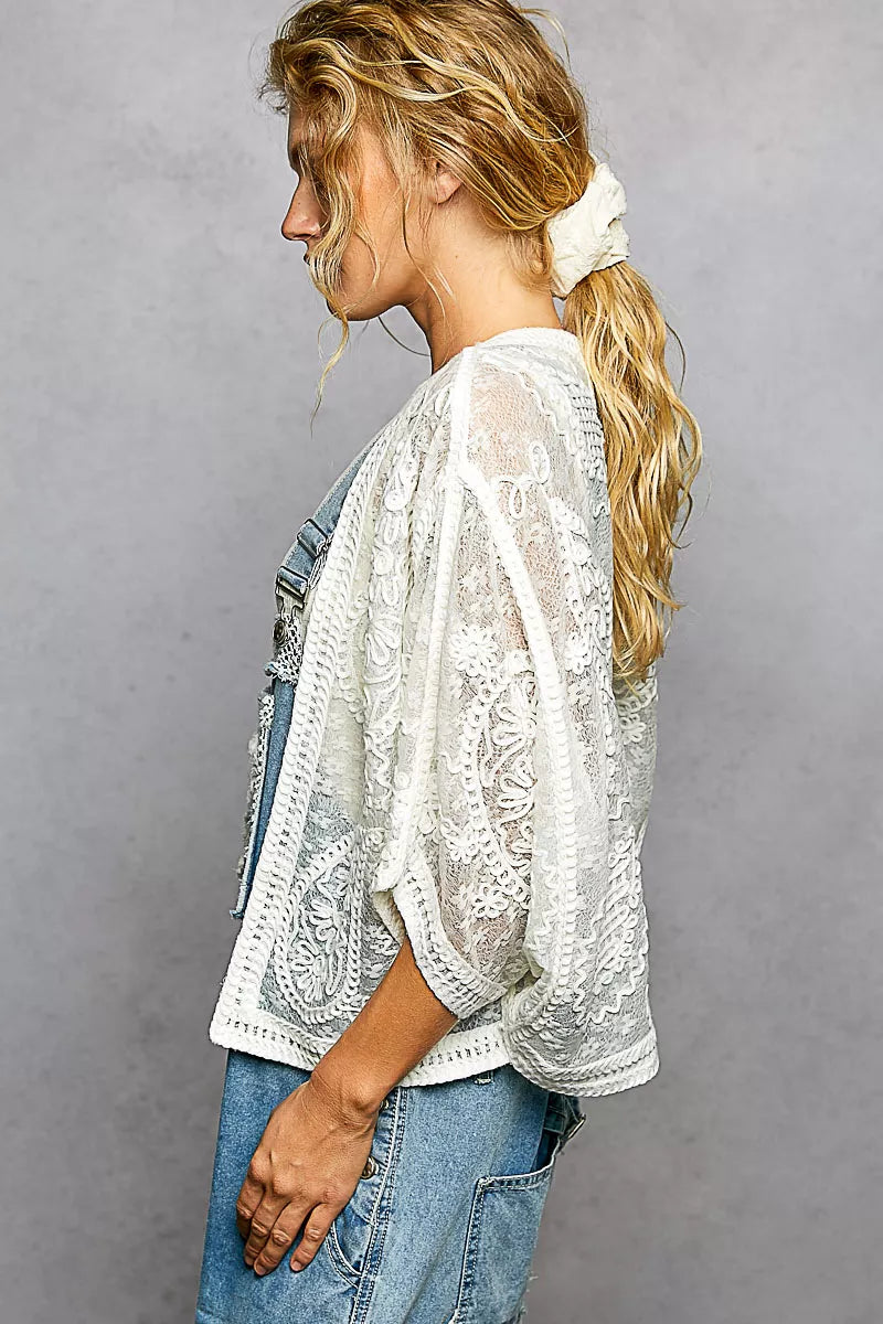POL Open Front Crochet Cardigan with Floral Embroidery on Simply Obsessed