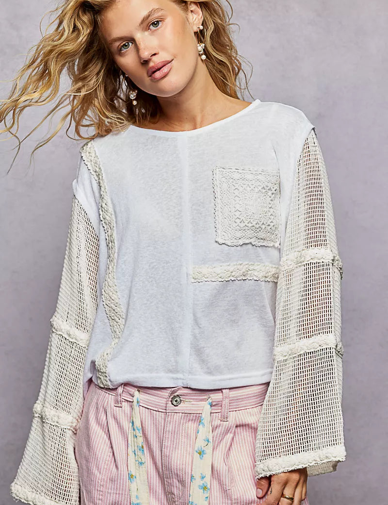 POL Round Neck Washed Top with Crochet See Through Sleeves on Simply Obsessed
