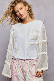 POL Round Neck Washed Top with Crochet See Through Sleeves on Simply Obsessed