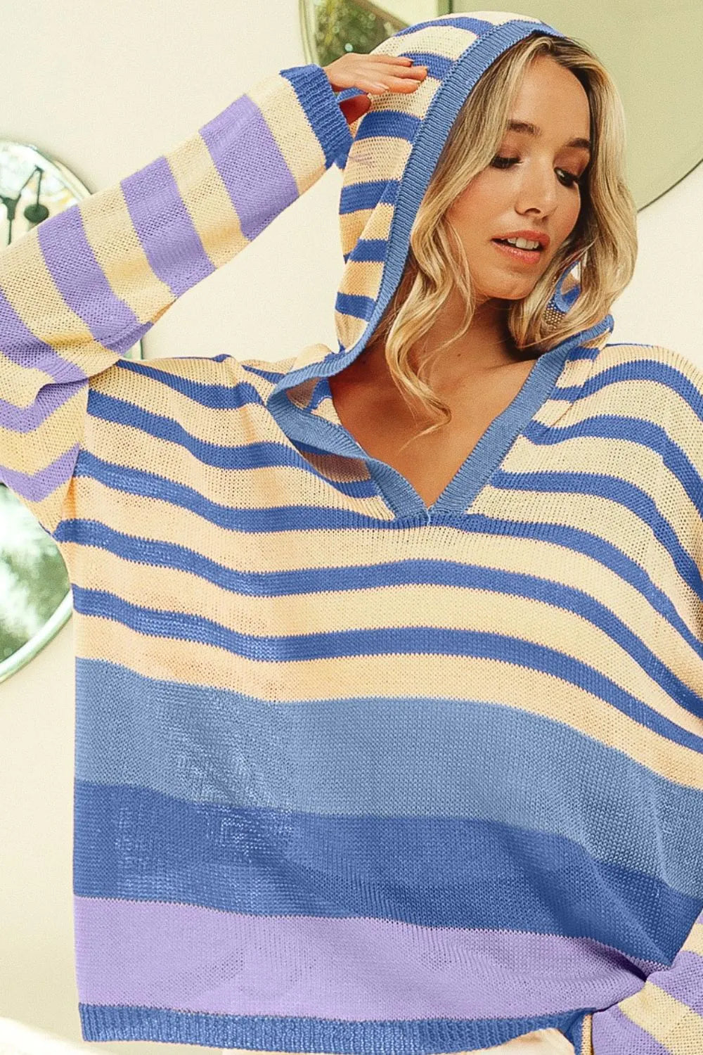 BIBI Striped Color Block Hooded Knit Top **FALL DEBUT SALE** on Simply Obsessed