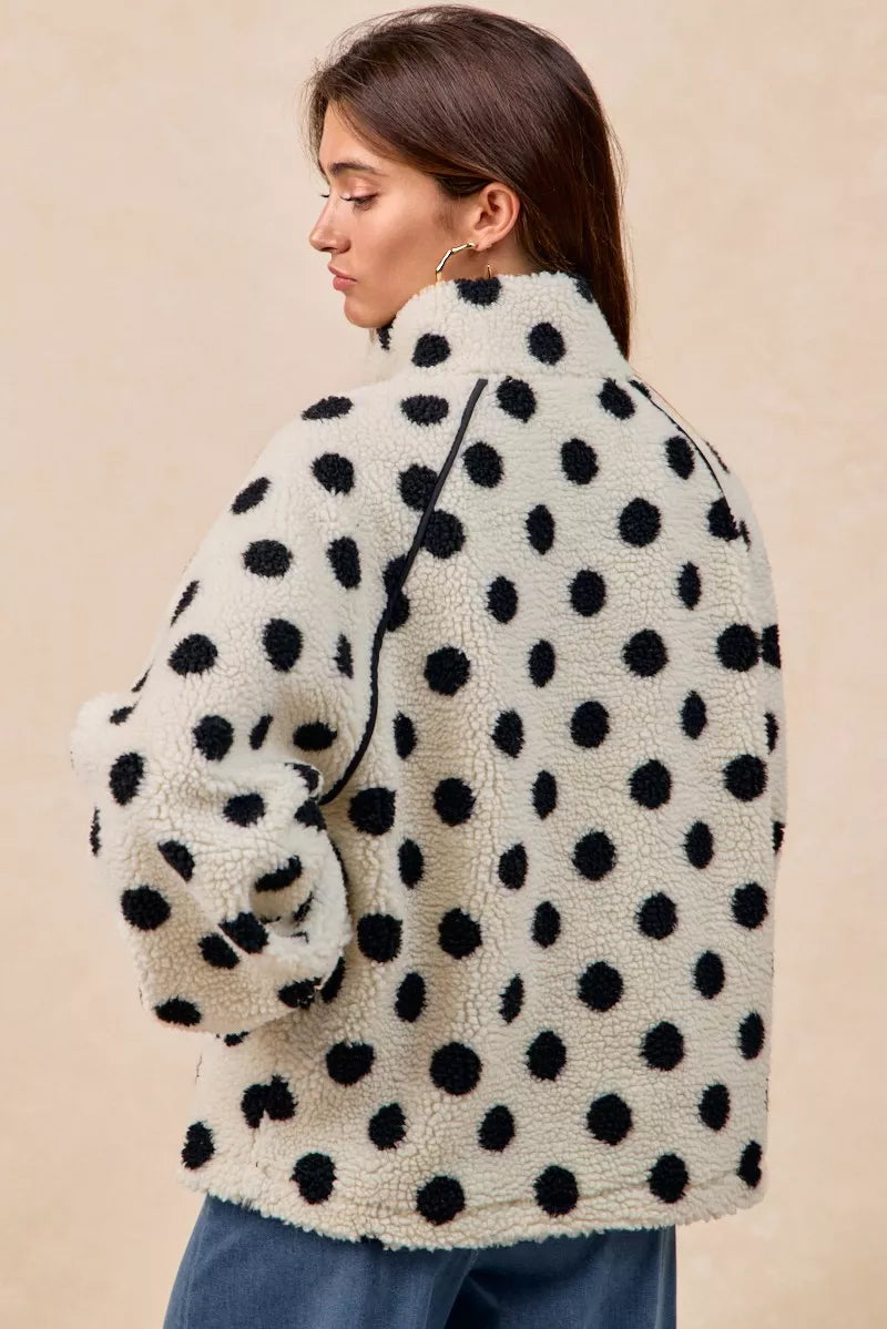 BIBI Polka Dot Sherpa Half Zip Up Top with Side Pocket on Simply Obsessed