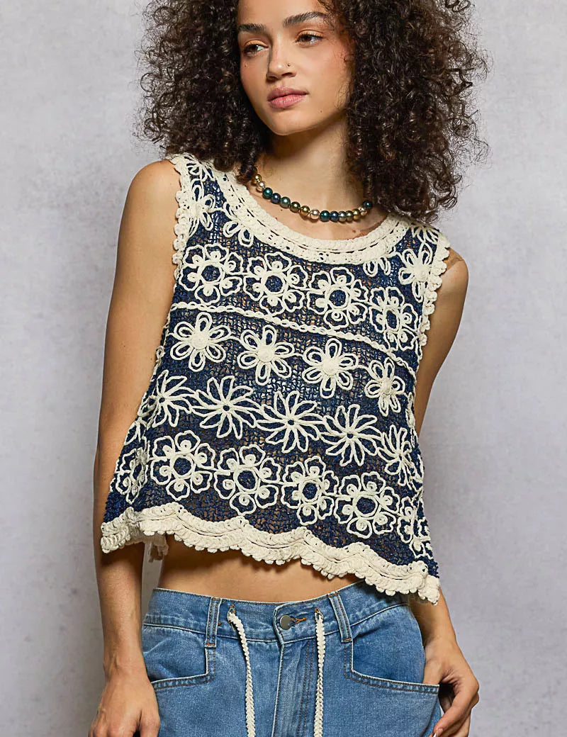 POL Floral Round Neck Cropped Crochet Sleeveless Top with Scalloped Edge on Simply Obsessed