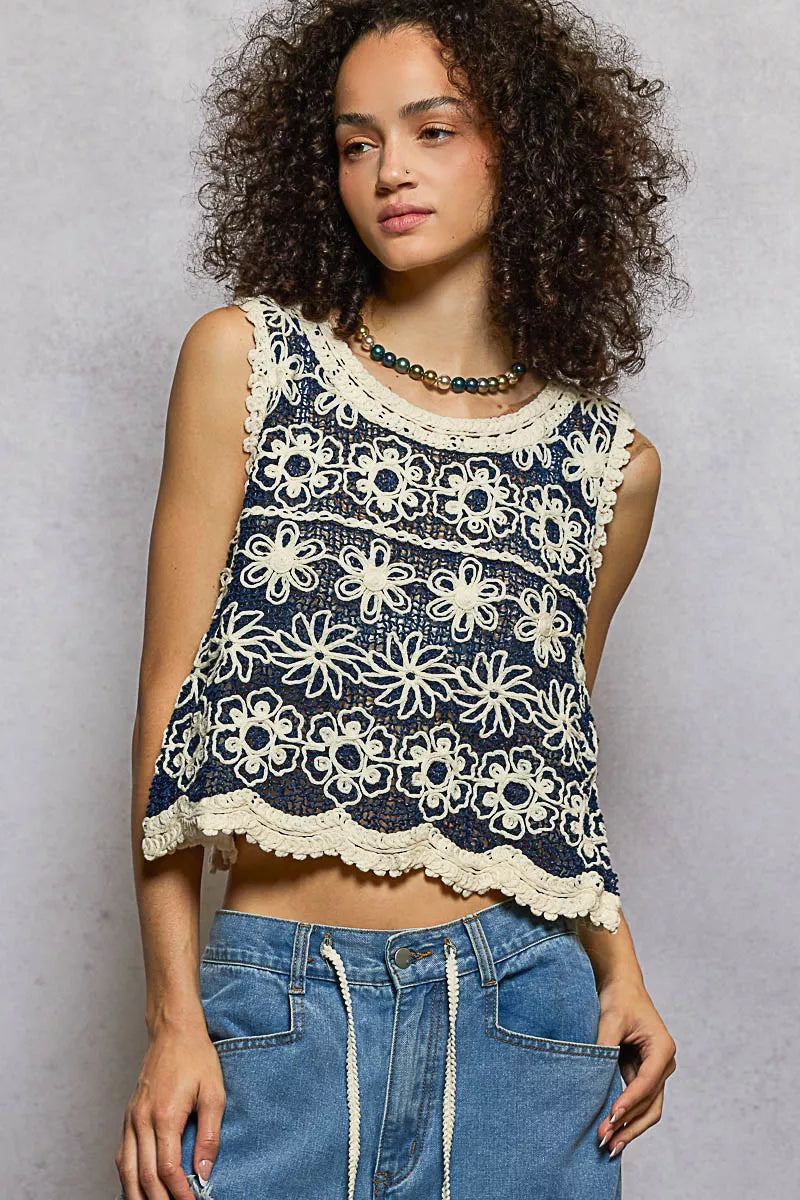 POL Floral Round Neck Cropped Crochet Sleeveless Top with Scalloped Edge on Simply Obsessed