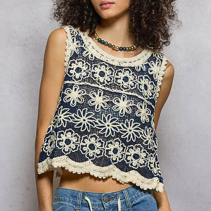 POL Floral Round Neck Cropped Crochet Sleeveless Top with Scalloped Edge on Simply Obsessed