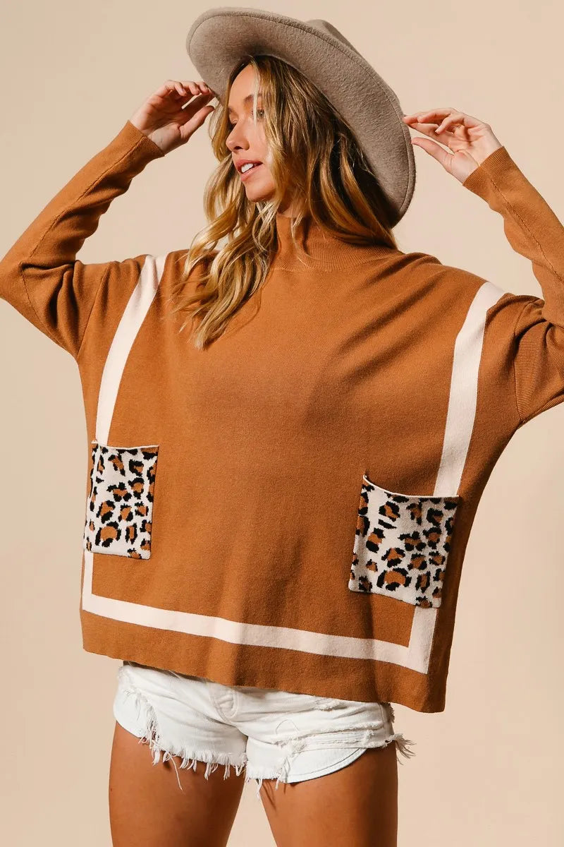 BiBi Mock Neck Sweater with Leopard Pocket on Simply Obsessed