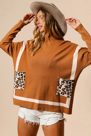 BiBi Mock Neck Sweater with Leopard Pocket on Simply Obsessed