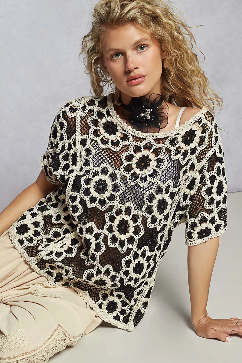 POL Openwork Short Sleeve Crochet Knit Top with Weave Knit Patterns on Simply Obsessed