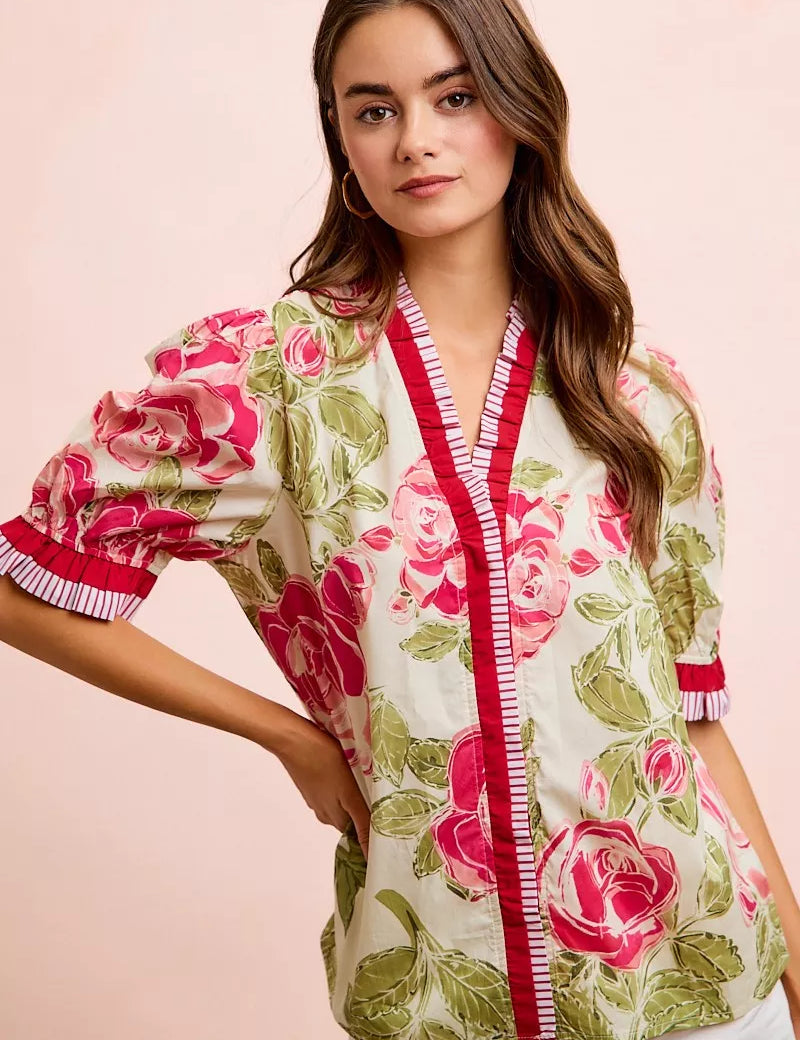BiBi Floral Printed Woven Contrast Edge Ruffled Blouse on Simply Obsessed