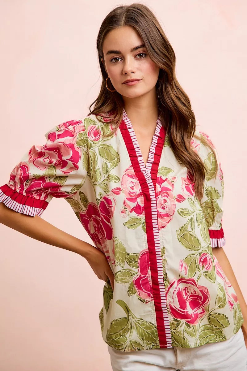 BiBi Floral Printed Woven Contrast Edge Ruffled Blouse on Simply Obsessed